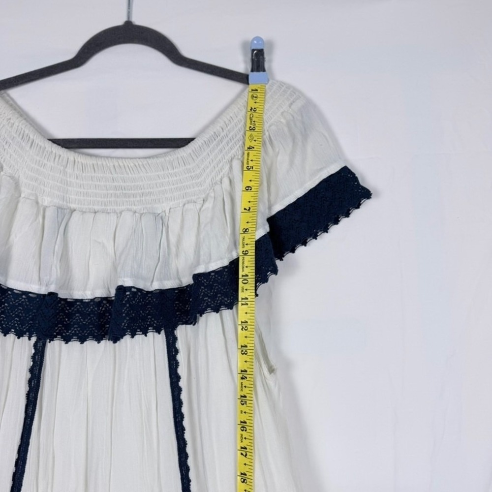 Vintage White Off Shoulder Dress L Smocked Ruffle Lace Gypsy Hippie 70s Festival - Picture 9 of 10